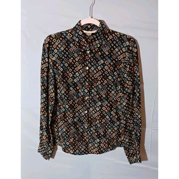 CASUAL CORNER 100% Silk Multicolor Geometric Long Sleeve Button Down Shirt Sz 6 - Picture 1 of 7